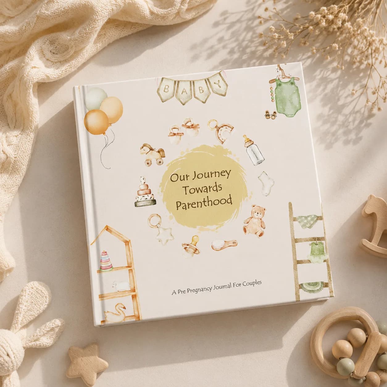 Front cover flat-lay — Our Journey Towards Parenthood journal